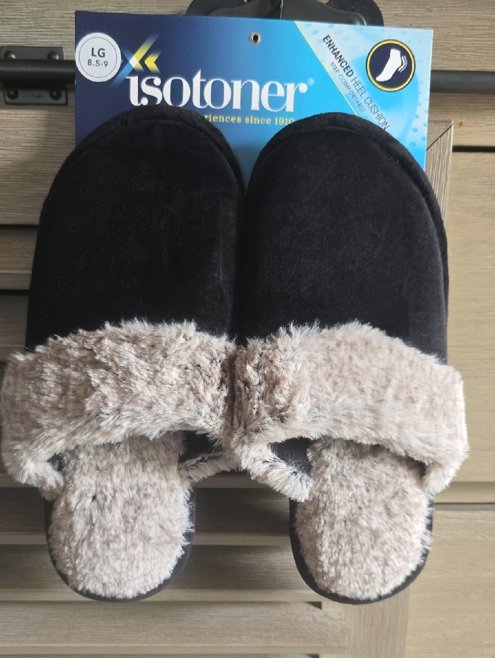 isotoner Black and Beige Fuzzy Strap Women's Slippers